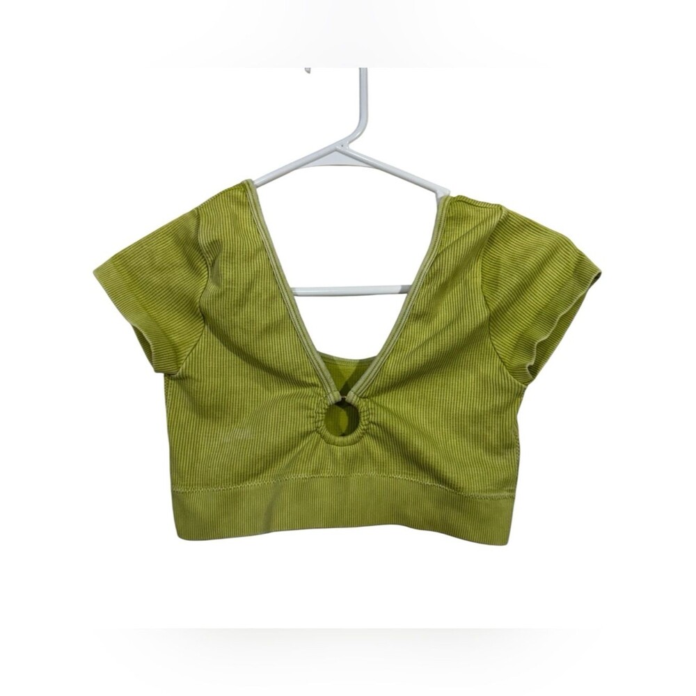 Aerie Chartreuse Cropped Seamless Ribbed Short Sleeve Shirt
